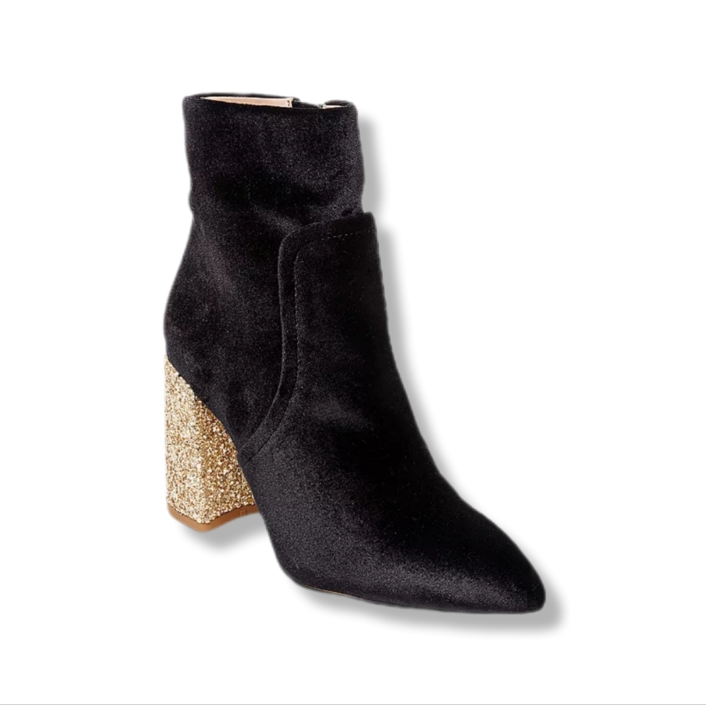 Betsey Johnson Women's Kacey Black Velvet Gold Glitter Block Heel Boots